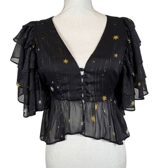 Lovers & Friends Georgie Star Bright Blouse Chiffon Ruffle Black Gold Size Small - Picture 3 of 11